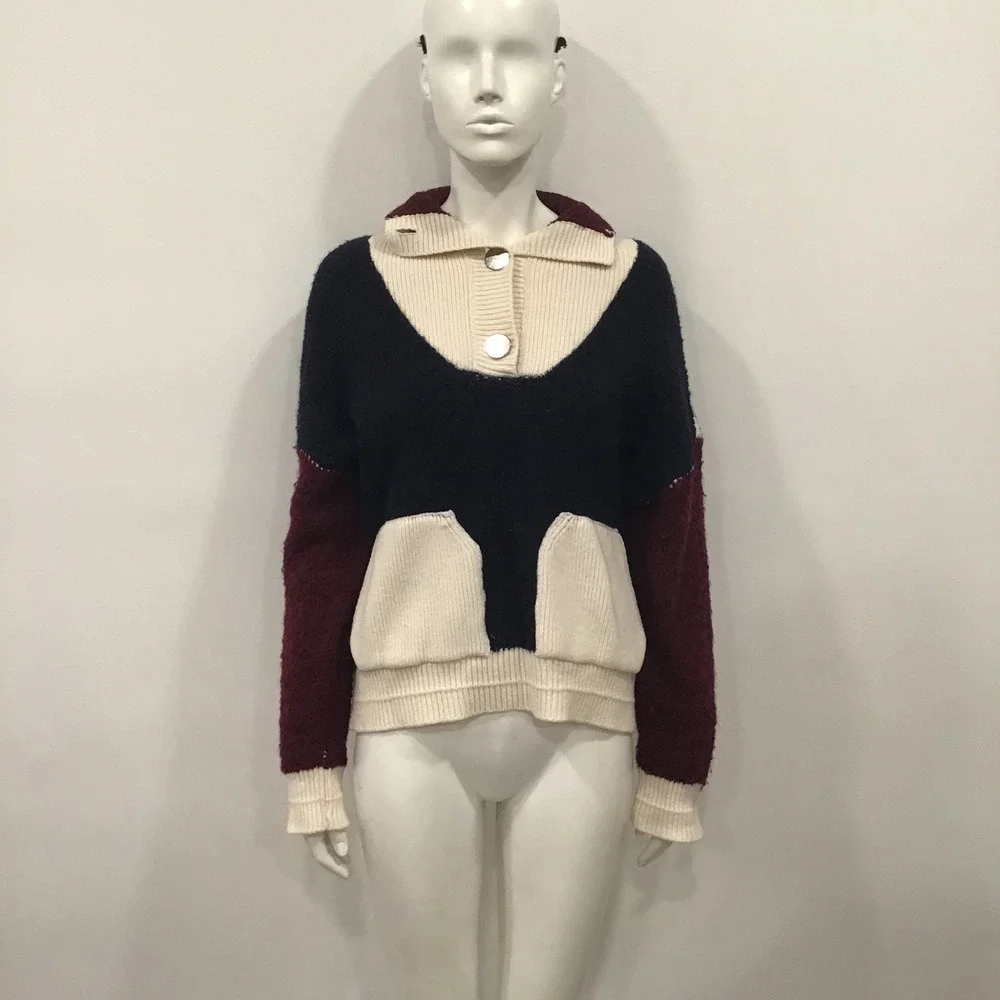 ba&sh Colorblock Lady Cadigan Benji Sweater Womens 1 Navy Burgundy US Small wool